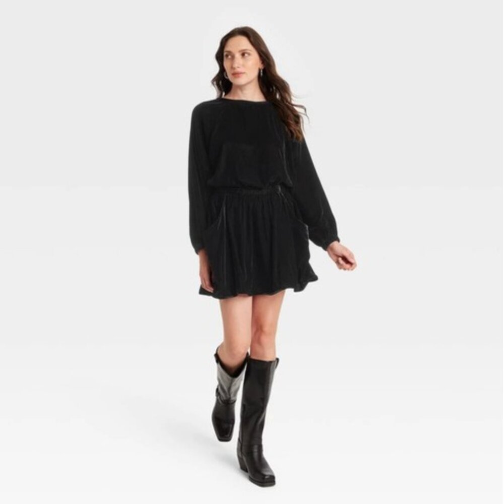 NWT Universal Thread Women's Large Black Long Sleeve Velvet Mini A-Line Dress